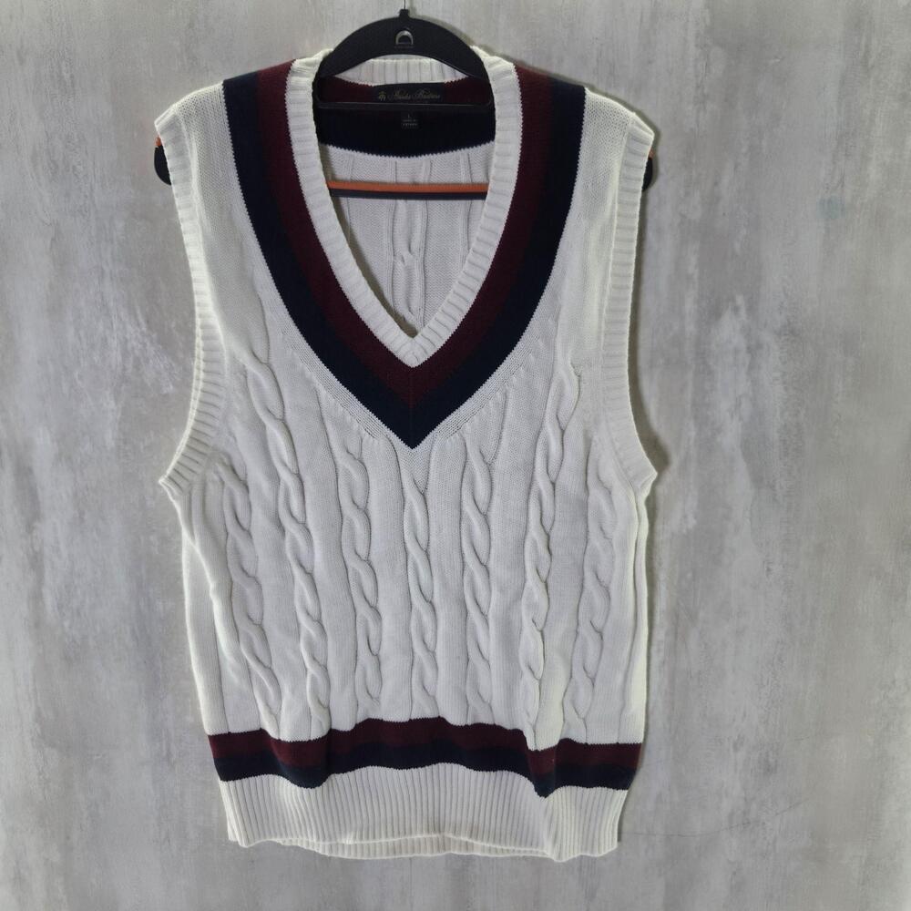 Brooks Brothers Sweater Vest Mens Large White Cable Knit V Neck Supima Cotton